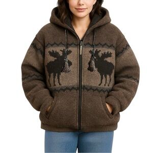 Kyber Outerwear Wool Jacket Zip Hoodie Moose Graphic Brown Small